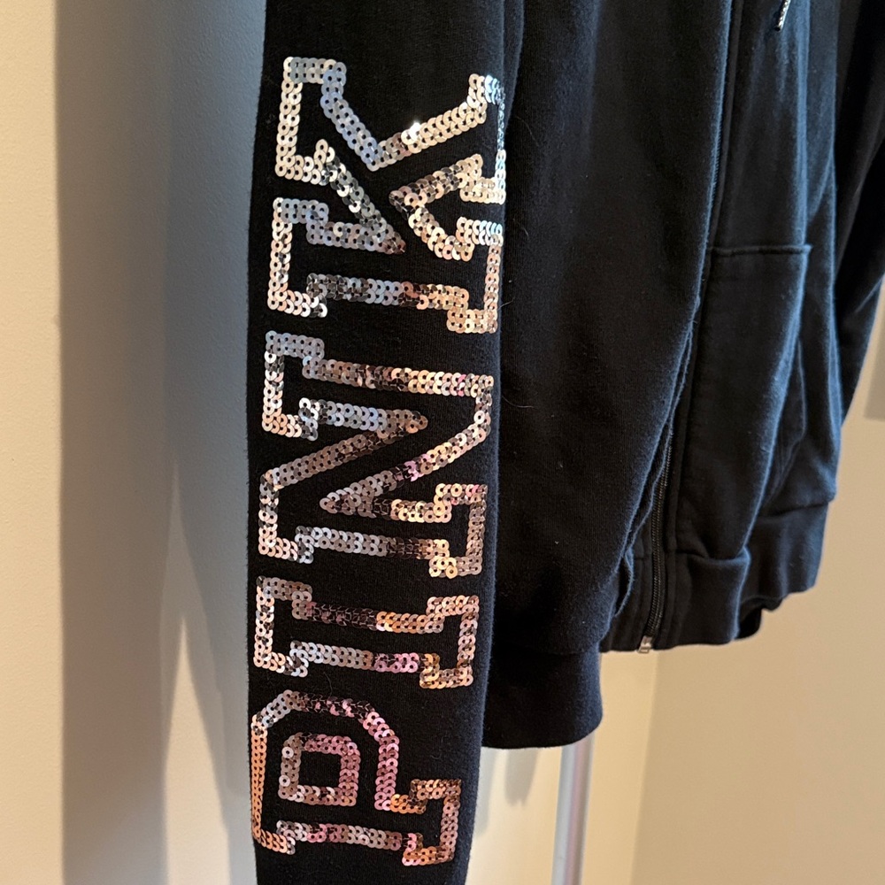 PINK Victoria's Secret Black Zip Up Hoodie with Gold Sequin Accents Size Small - Picture 5 of 8